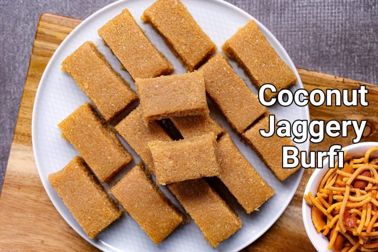 coconut burfi recipe with jaggery | coconut barfi with jaggery | jaggery barfi